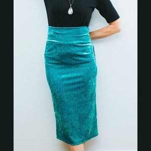 Turquoise Velvet Glitter Pencil Skirt